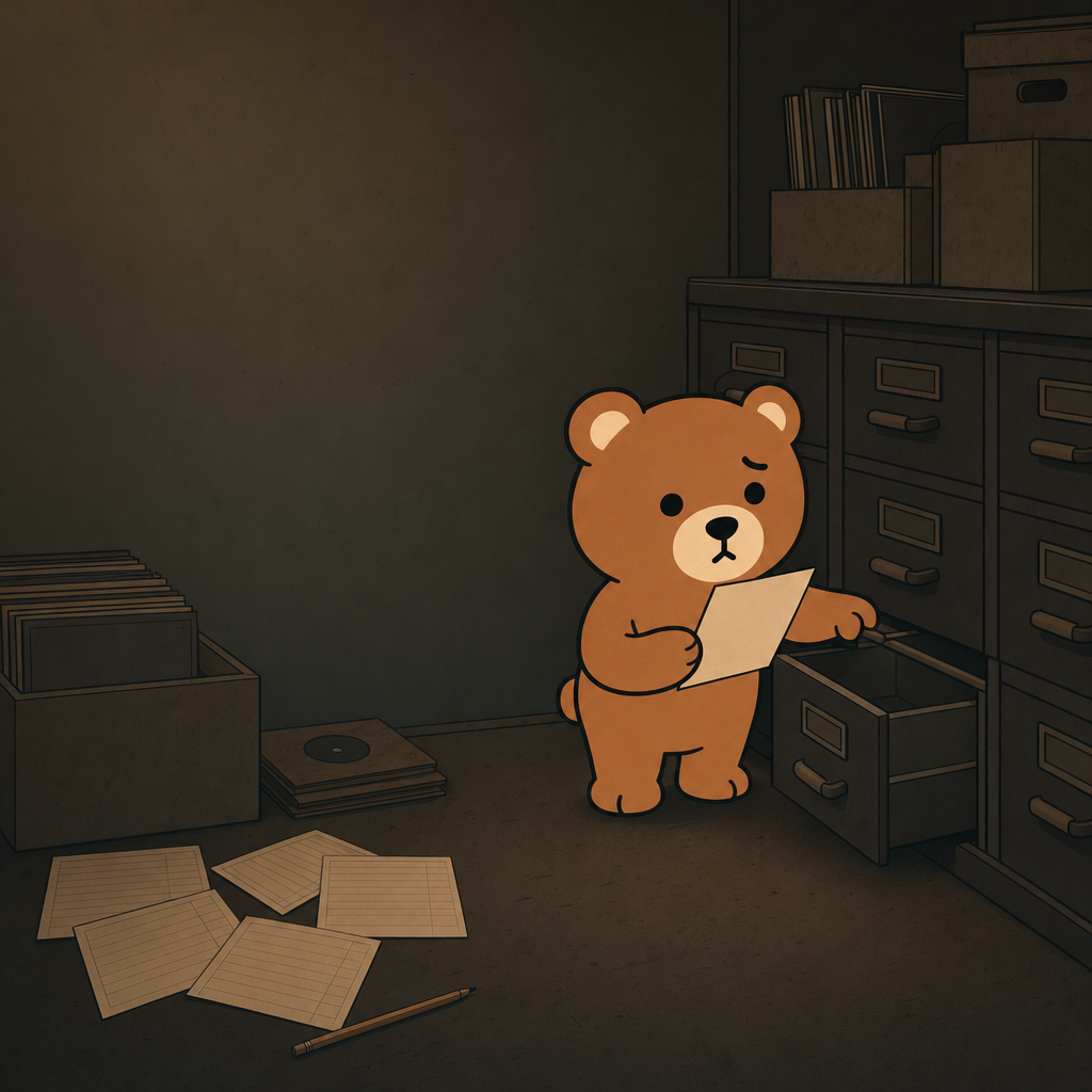 The bear in a dim records room, holding a blank form and pulling open an empty file drawer